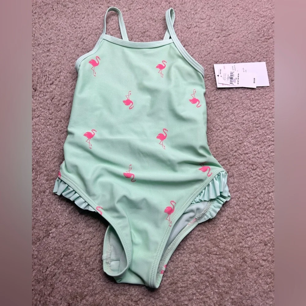 Old Navy Kids Swim One Piece - Mint Green with Pink Flamingos 5T